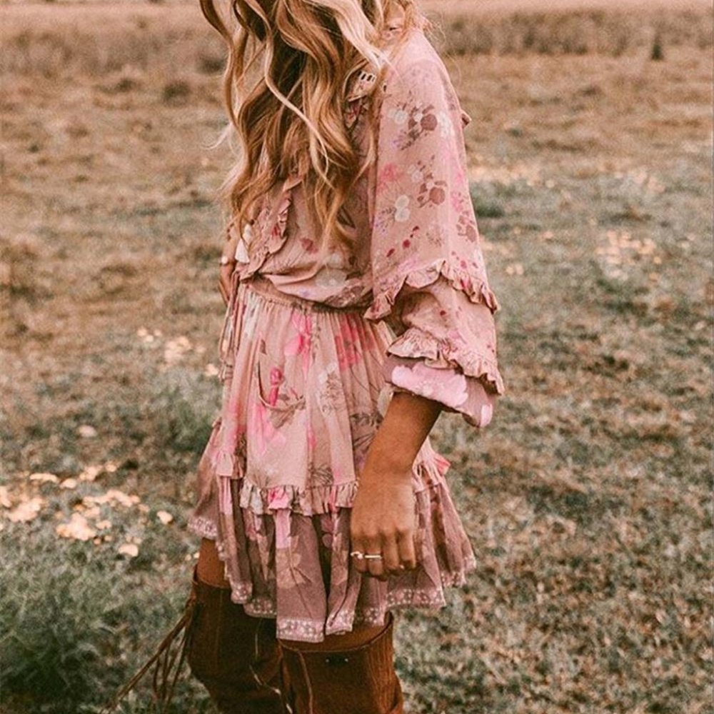 New Pink Yarrow Floral Boho Fall Dress